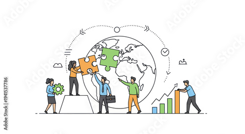 Business Team Collaborating on Global Puzzle Solutions and Growth Strategy Illustration.