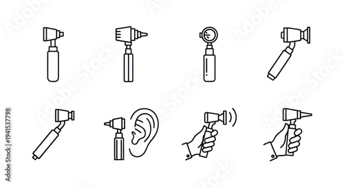 Otoscope Medical Examination Tool Line Art Icons Set.