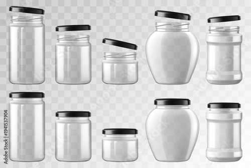 Set of Glass jars with metal black screw lid. Open and closed jars isolated on transparent background, packaging mockup template. Empty Glass jars of various shapes. Realistic 3d vector illustration.