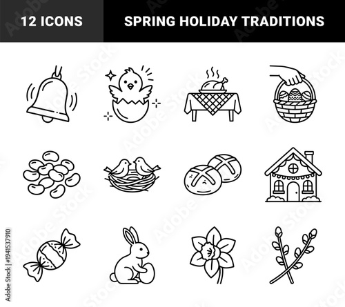 Easter holiday celebration elements and spring seasonal traditions. Minimalist monoline pictograms featuring festive symbols and nature motifs.