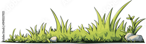 Cartoon green grass patches with small stones isolated on white background