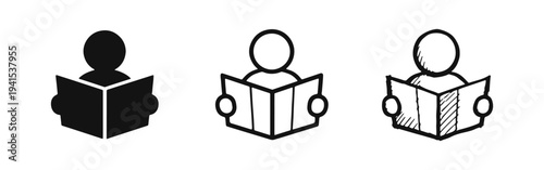 Person reading a book icon set for education or knowledge. Study and learning vector icons in solid, outline, and sketch styles.