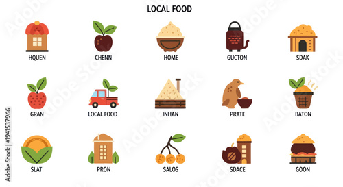 Flat design icons collection for local food organic ingredients and traditional farm-to-table concepts.