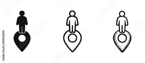 User Location Pin Icon Set. Person Standing on GPS Marker Symbol in Solid, Outline, and Sketchy Styles. My Position Graphic.
