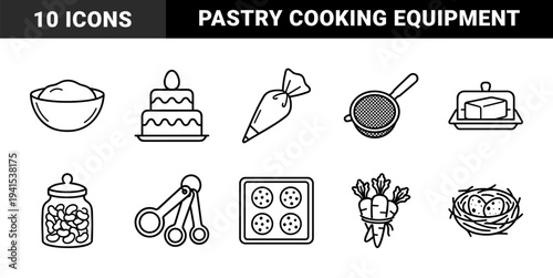 Baking and pastry preparation elements for culinary branding and recipe blogs. Uniform monoline pictograms featuring kitchen tools and dessert ingredients.