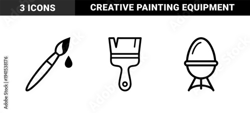 Artistic creation and home improvement tools featuring paintbrushes and egg cup. Minimalist heavy monoline style for creative workshops and DIY branding projects.