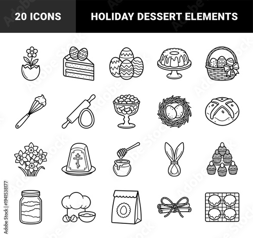 Easter baking and traditional holiday dessert line art. Russian Orthodox Pascha and Kulich celebration elements featuring spring flowers and decorated eggs.