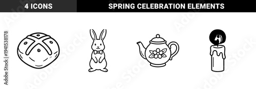 Easter holiday and traditional tea time celebration elements. Minimalist monoline illustrations featuring a bunny, hot cross bun, floral teapot, and ceremonial candle.
