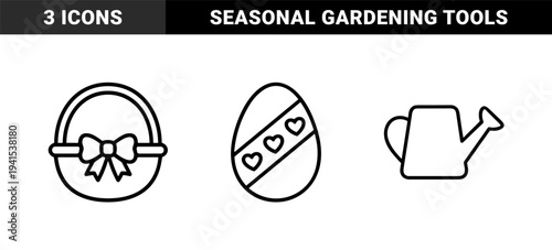 Easter celebration and spring gardening symbols for seasonal branding. Bold monoline pictograms featuring decorated egg, gift basket, and watering can.