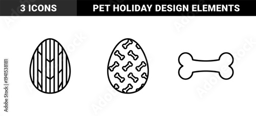 Easter pet celebration elements and dog bone patterned eggs. Minimalist monoline graphic assets for veterinary clinics and canine holiday branding.