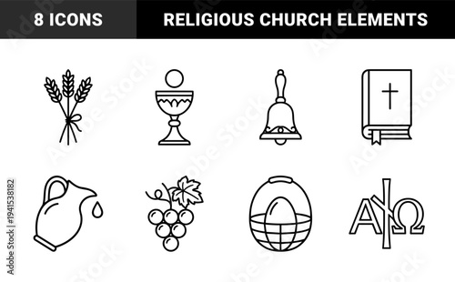 Christian religious symbols and communion elements for church branding. Minimalist monoline pictograms featuring holy bible, chalice, and grapes.