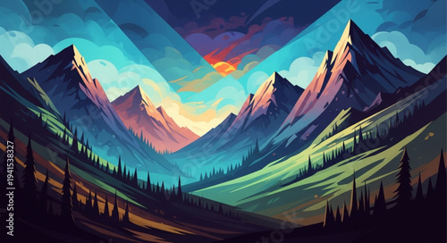 Colorful Mountain Landscape with Sunset Sky and Forest.