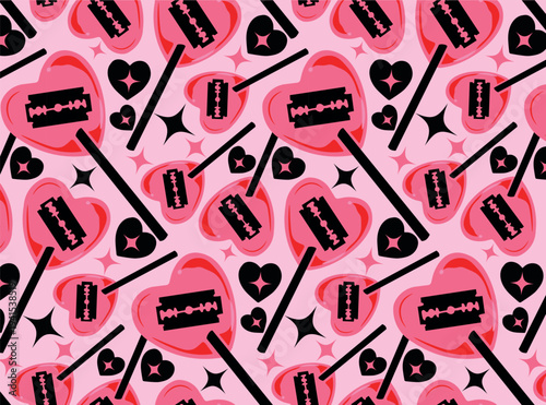 Punk Cute Razor Blade and Lollipop Hearts Seamless Pattern