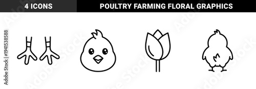 Springtime nature and poultry farming graphic elements. Cute chick character, bird footprints, and tulip flower in a chunky monoline cartoon aesthetic.