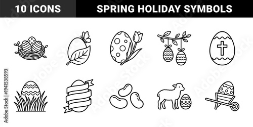 Easter holiday celebration elements and spring seasonal symbols featuring decorated eggs, floral tulips, and religious ornaments in a minimal monoline aesthetic.