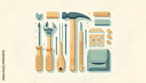 Assorted Hand Tools and Toolbox Flat Lay.