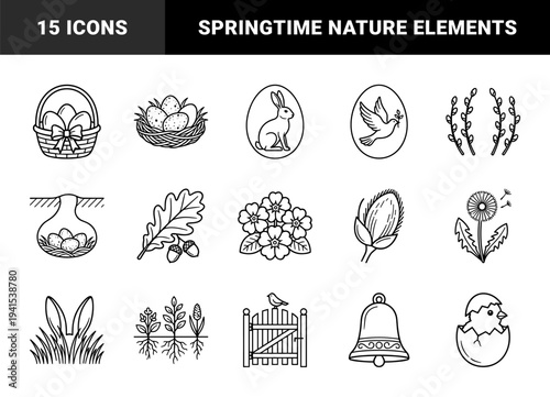 Easter celebration and springtime nature elements for seasonal greeting cards. Minimalist monoline pictograms featuring festive eggs, rabbits, and botanical growth symbols.