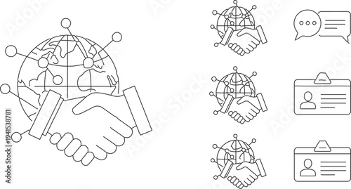 Set of 6 global business partnership and communication line icons vector, featuring handshake with connected globe, and chat bubble with ID card for digital marketing and networking concepts.
