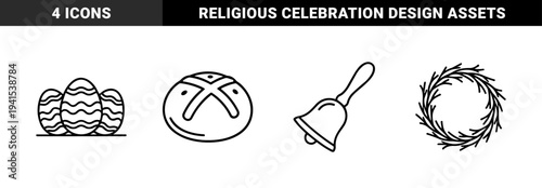 Easter holiday tradition and spring celebration symbols in clean monoline style. Minimalist line art featuring decorated eggs, hot cross bun, floral wreath, and church bell.