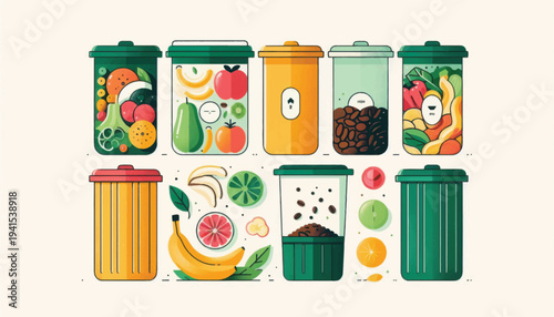 Colorful Recycling Bins with Organic Waste.