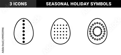 Easter egg line art symbols for seasonal holiday branding. Minimalist geometric pictograms with dotted patterns and clean monoline aesthetic.