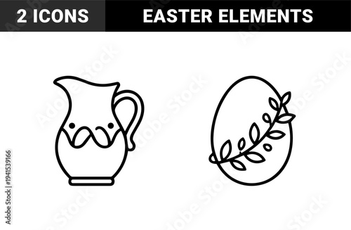 Traditional pottery pitcher and decorated Easter egg in monoline folk art style. Minimalist line drawing for holiday greeting cards and spring celebrations.