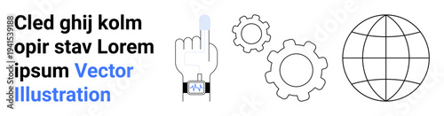Digital transformation, global processes, automation, user interaction, technology workflows, creative industry. Hand interacting with a smartwatch, gear icons and a globe. Digital transformation