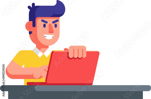 An animated entrepreneur works diligently on a laptop, embodying startup success. Bold colors and a modern style create a dynamic visual.