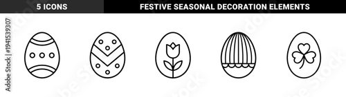 Easter egg decoration patterns and spring holiday symbols. Minimalist monoline line art featuring floral motifs, geometric shapes, and clover leaf designs for festive greeting cards.