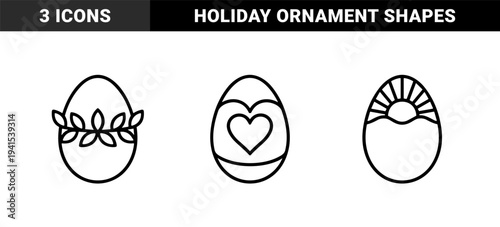 Easter egg decoration elements for holiday greeting cards and spring branding. Bold monoline outlines featuring heart, floral wreath, and sun motifs.