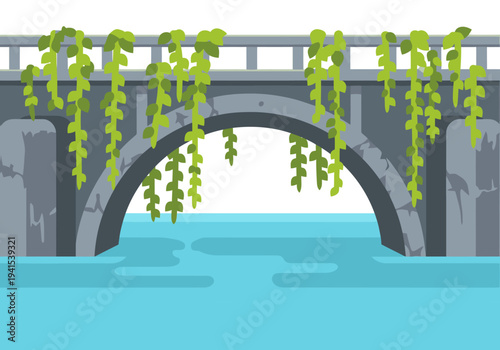 A charming bridge scene featuring vines cascading over a concrete structure and a flowing river.  A visually appealing and detailed illustration suitable for various commercial uses.