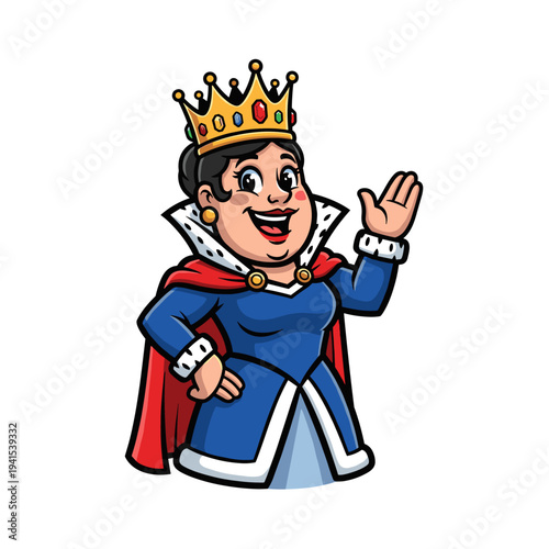 Cartoon queen character smiling and waving hand