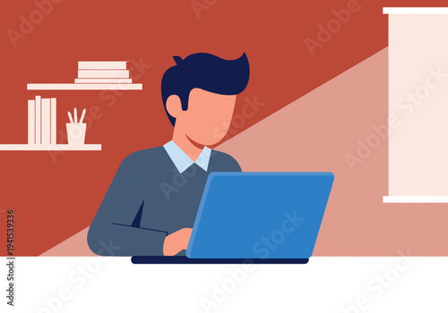 An architect reviews a finished design on a laptop in a modern office setting. Focused on professional work and design planning.