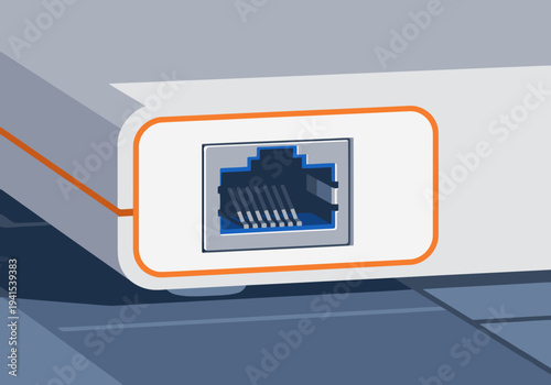 Close-up of an Ethernet port on a network bridge. Clean, modern design with orange accents. Ideal for tech, networking, and connectivity visuals.