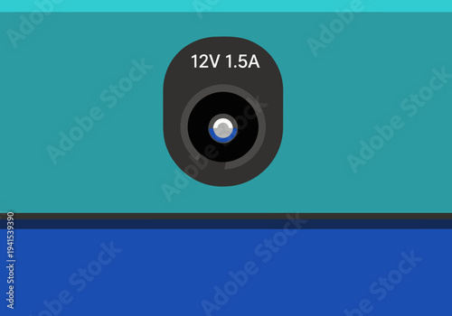 Close-up of a 12V 1.5A bridge adapter power terminal. Clean, modern design on a teal background. Ideal for tech, electronics, and power supply visuals.