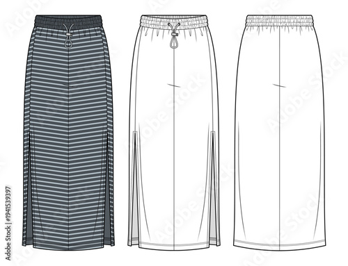 Essential Maxi Skirt Technical Fashion Illustration. Striped Drawstring Skirt with Side Slit CAD Vector Template. Front and Back View. Womenswear Fashion Flat.
