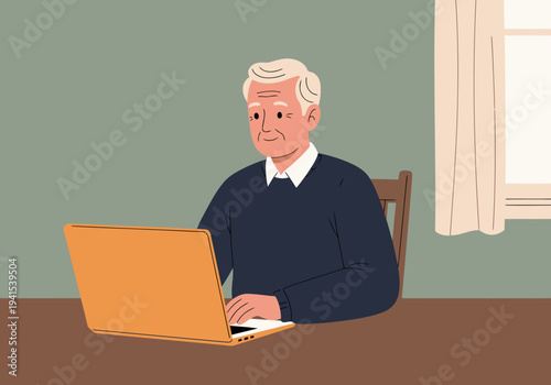 An elderly man happily uses a laptop, showcasing senior technology success. Warm colors and a focused expression create a positive image.