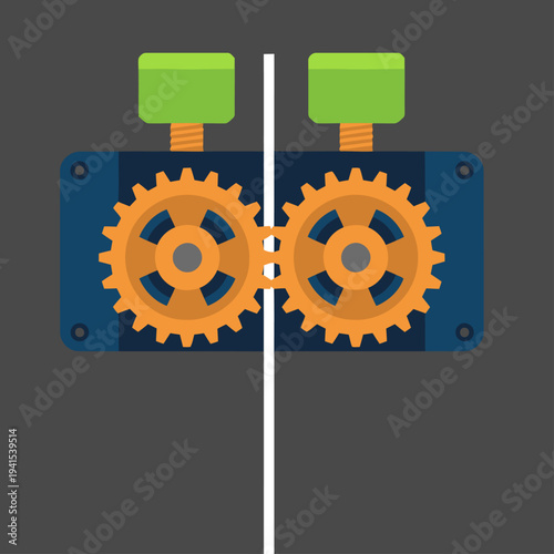 Dual drive gears filament 3D printer illustration. Clean, modern design with orange and green gears. Perfect for tech, manufacturing, and 3D printing concepts.