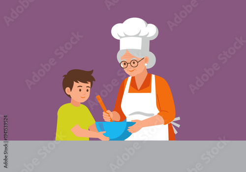 A grandmother teaches a young boy to cook in a bright kitchen. They share a recipe, fostering tradition and knowledge. Warm, inviting scene.