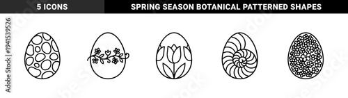 Easter egg coloring page ornaments featuring botanical tulips and floral vines. Minimalist monoline contour drawings with geometric patterns and organic spiral textures.