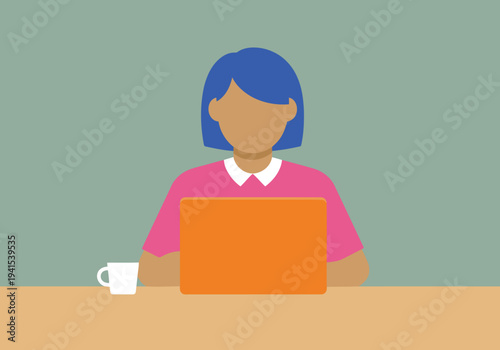 A woman enjoys a remote work detox, focused on her laptop with a cup of coffee. Clean, modern illustration style.  Bright, calming colors.