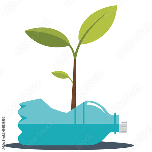 A hand nurtures a seedling growing from a plastic bottle, symbolizing eco-friendly growth. Modern, clean design with a focus on sustainability.