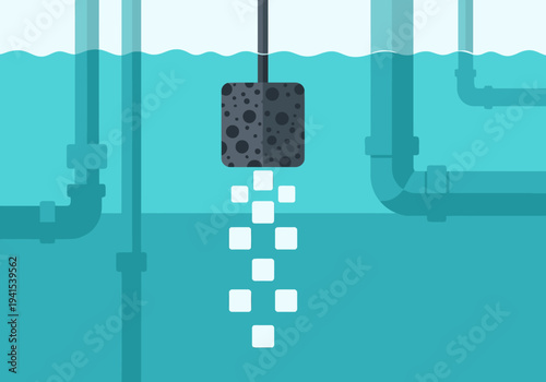 Hydroponic oxygen system with an air stone bubbling in clear water. Clean, modern illustration showcasing efficient water aeration. Perfect for educational or informational graphics.