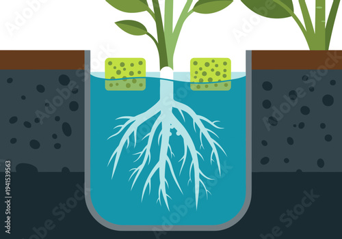 Illustration depicts a hydroponic root system thriving in a nutrient film. Clean, modern design showcases a simple, effective growing method. Ideal for educational or agricultural visuals.