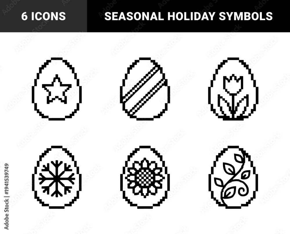 Fototapeta premium Easter egg pixel art symbols for festive digital seasonal projects. Retro 8-bit aesthetic featuring floral, celestial, and geometric spring holiday patterns.