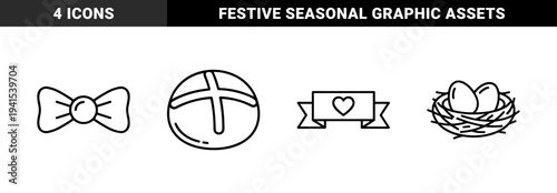 Easter holiday and spring celebration linear graphic elements. Minimalist monoline pictograms featuring a bow, hot cross bun, bird nest with eggs, and heart banner.