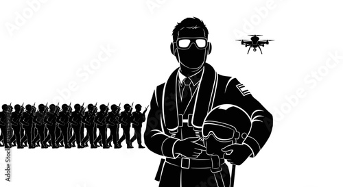 Pilot with Soldiers and Jet Fighter: Military Power and Aviation