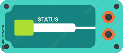 Modern filament runout sensor smart graphic. Teal and grey design with a clear status display. Clean, minimalist illustration suitable for tech and industrial themes.