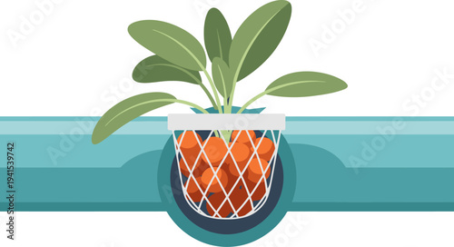 A modern hydroponic net pot with a plant sits atop a rooftop. Clean lines and a minimalist design create a stylish, contemporary aesthetic.