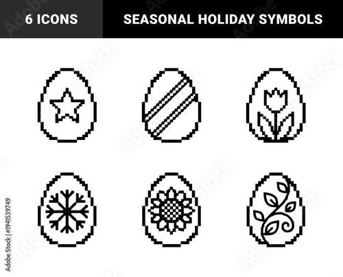 Easter egg pixel art symbols for festive digital seasonal projects. Retro 8-bit aesthetic featuring floral, celestial, and geometric spring holiday patterns.